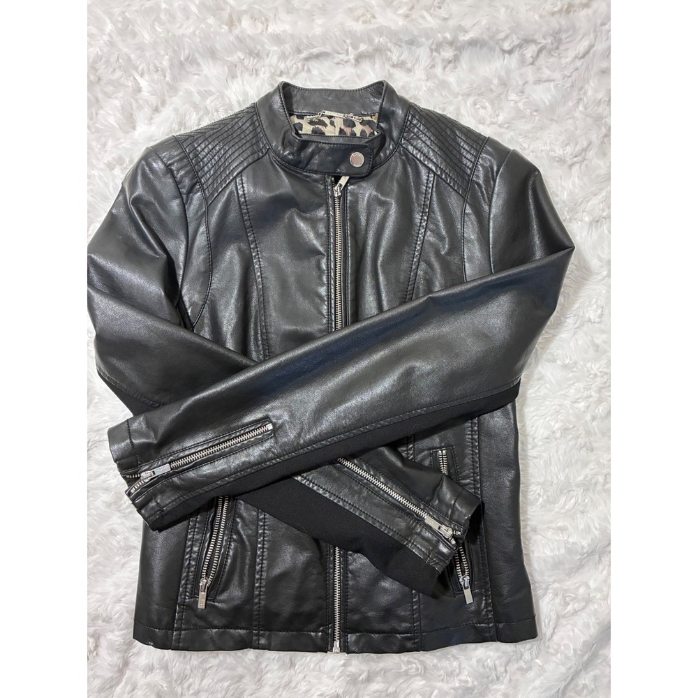 Black Rivet Womens Moto Jacket Black Faux Leather Leopard Lining Small Biker